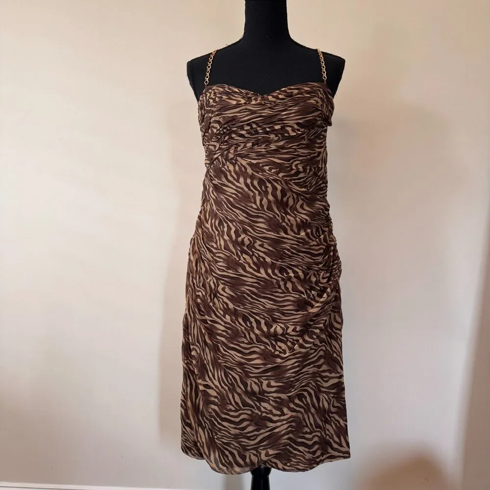 Niteline Brown & Tan Zebra Print Ruched Midi Dress Gold Chain Straps Size 12